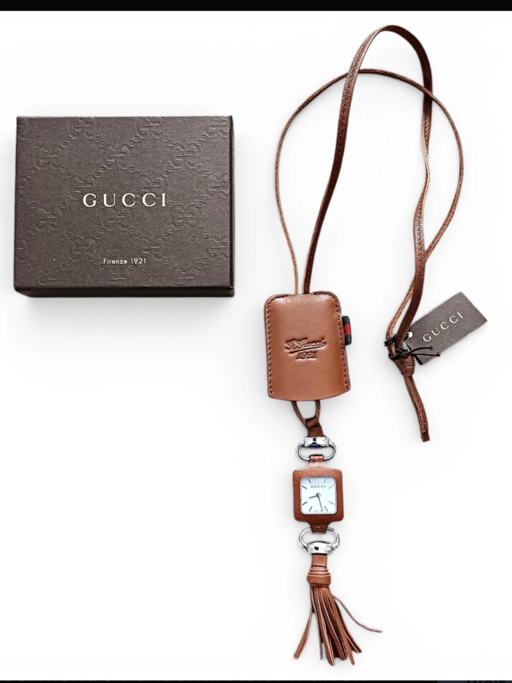 Gucci Brown Leather Necklace + Watch